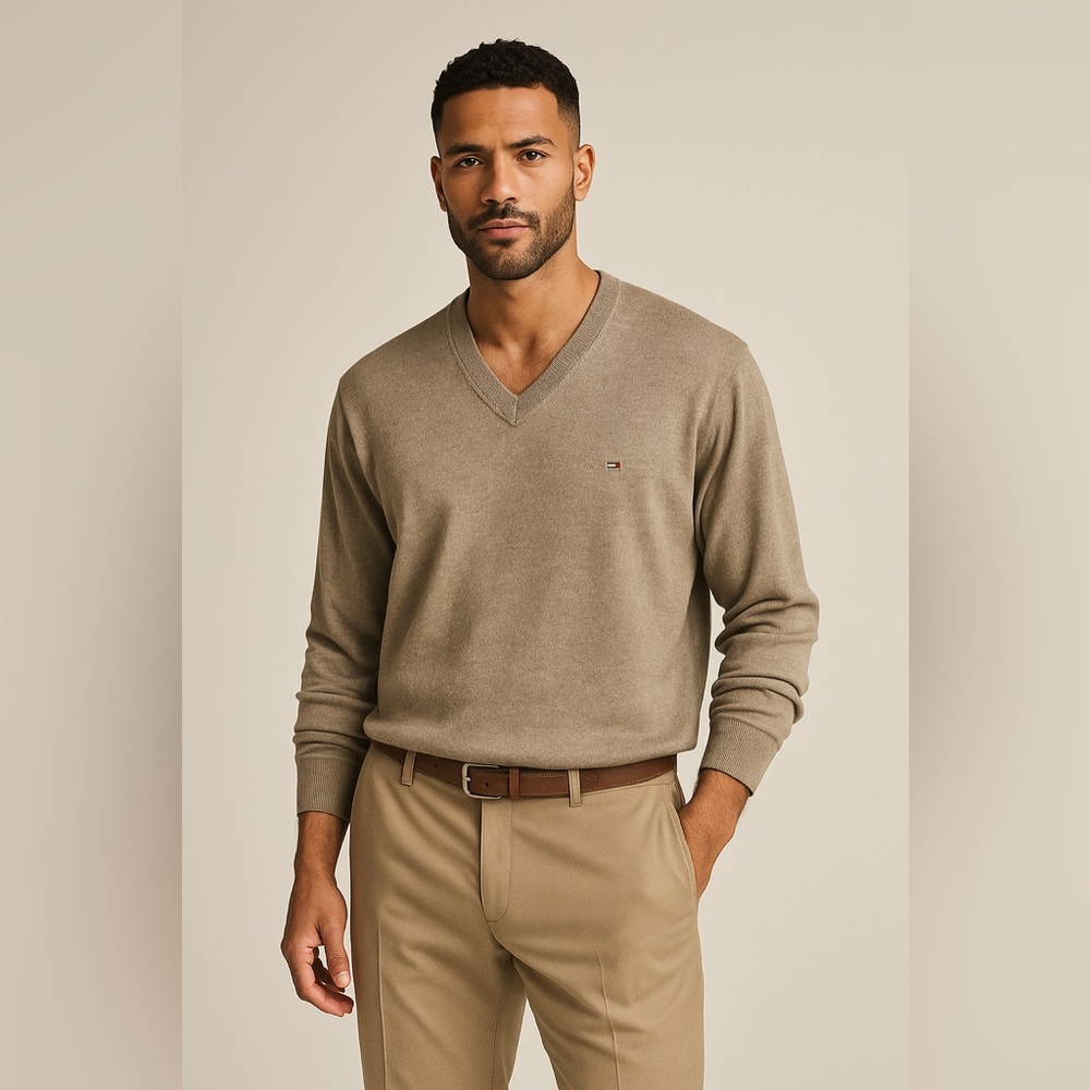 Tommy Hilfiger Men’s Premium Cotton High V Neck Pullover Tan Sweater size XXL